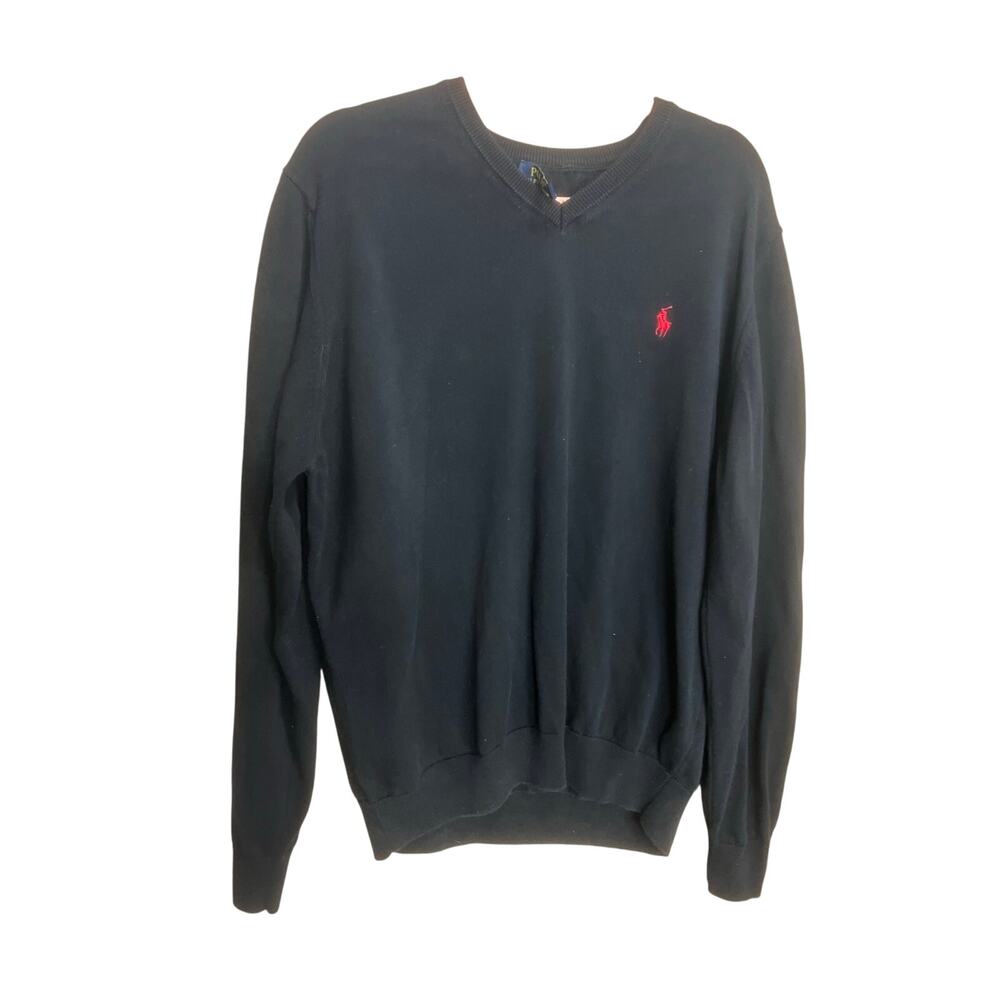 Polo Ralph Lauren Sweater 2XL Black Cotton V Neck Long Sleeve Pullover Mens